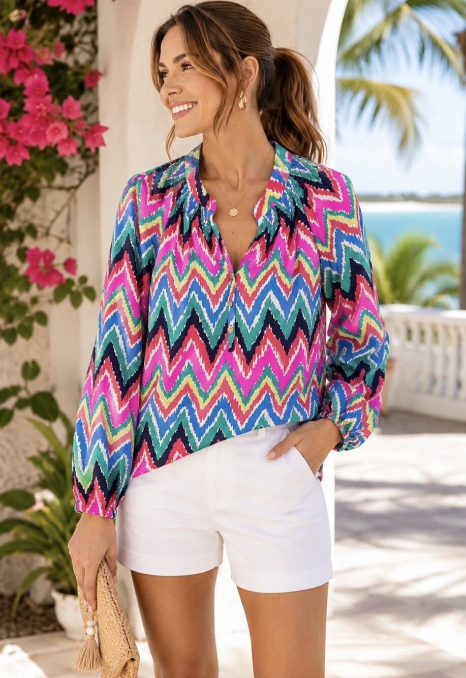 Lilly Pulitzer 100% Silk Multicolor Zigzag Ikat Print Resort Blouse Small